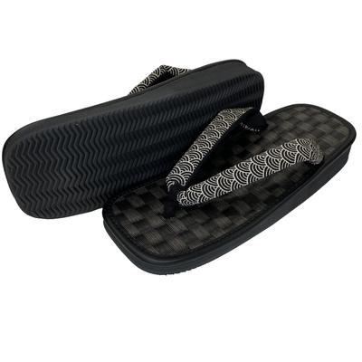 Edoten Geta Made In Black Igusa Checkered Japanese Style Sandals with Black Sponge Soles and Japanese Patterned Seigaiha Size L Sandals, Japan,