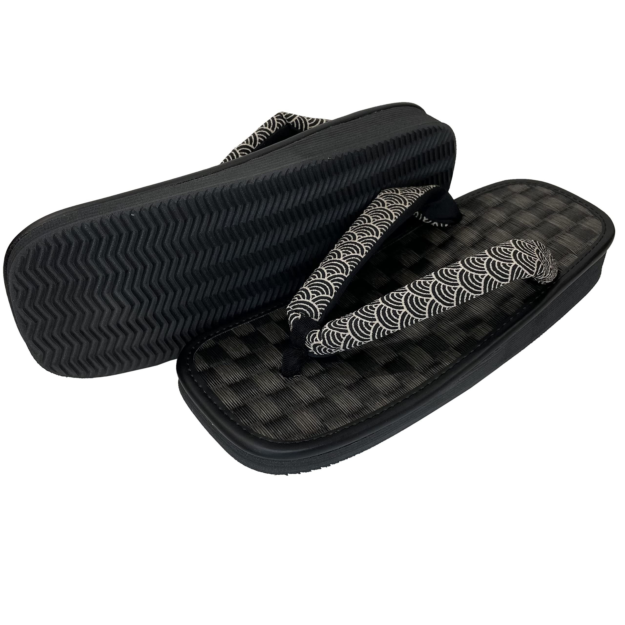 

Edoten Geta Made in Black Igusa Checkered Japanese Style Sandals with Black Sponge Soles and Japanese Patterned Seigaiha Size L Sandals, Japan,