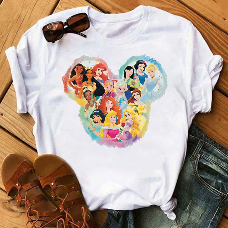 Funny Summer Disney Villains Printed Women T Shirts Round Neck Y2k Clothes Cartoon Graphic T Shirts 90s Female Tops Tees