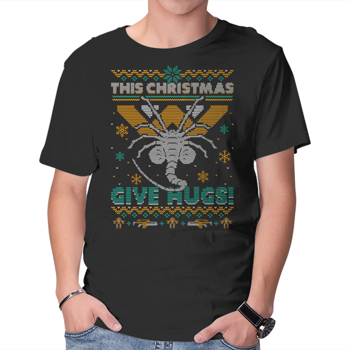 Unisex Crew Neck T-Shirt Ugly Christmas Hugs Graphic Short Sleeve Casual Tee XS
