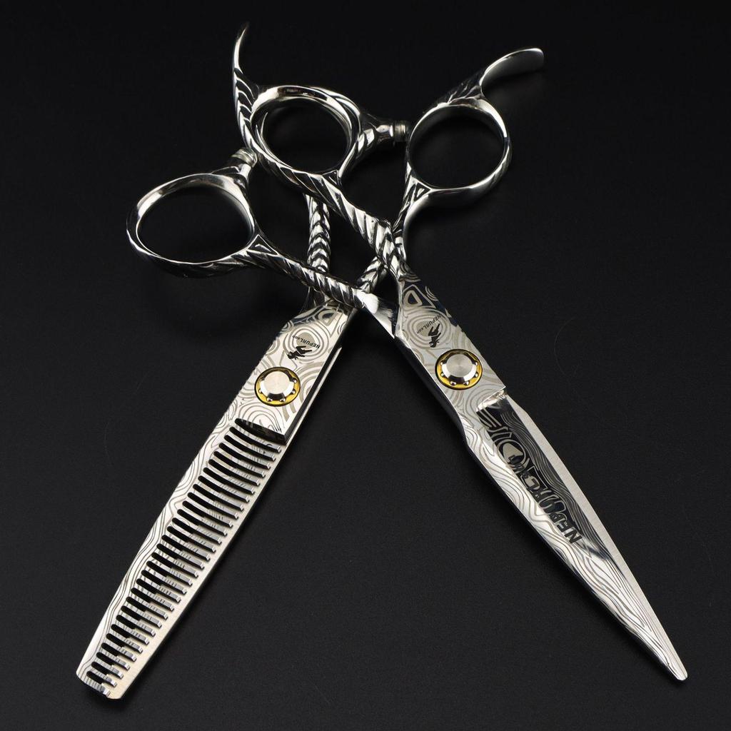 6.0" Damascus Pattern Left-Hand Hairdressing Scissors: Straight & Thinning Shears