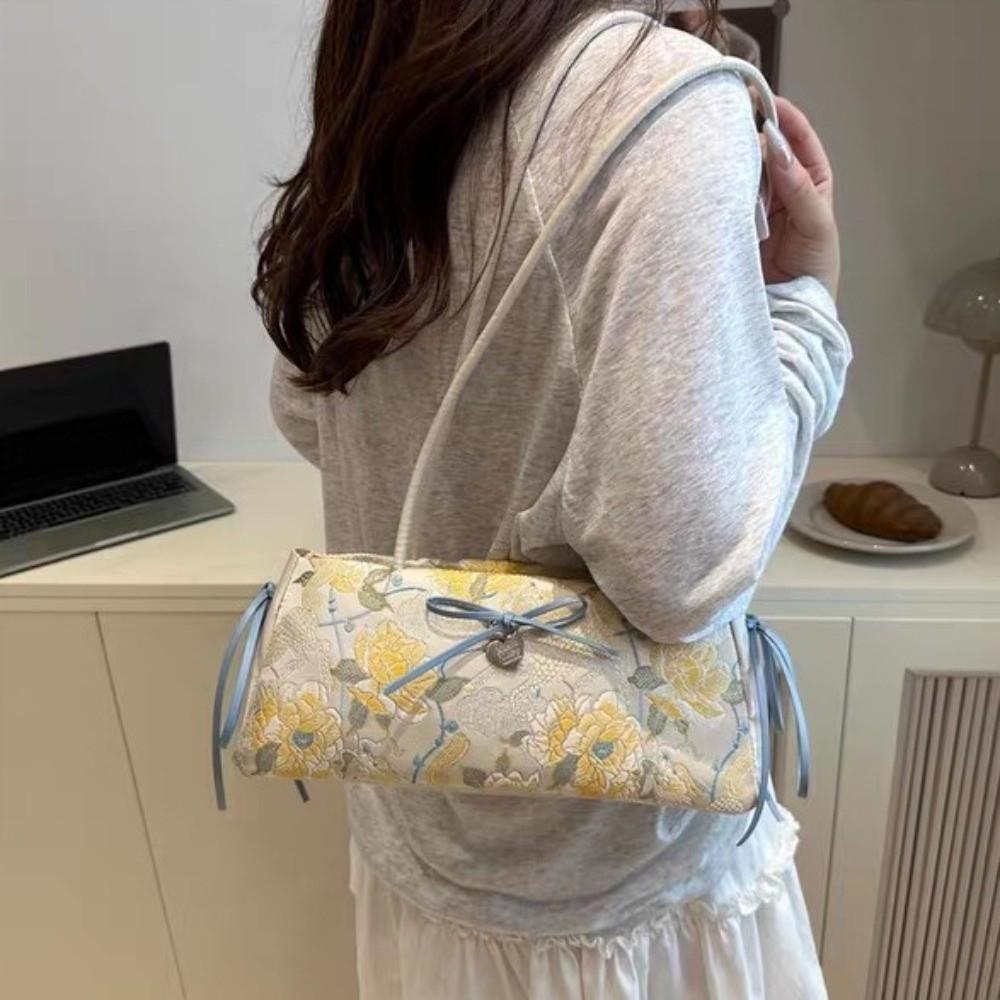 Flower French Stick Handbag Cloth Underarm Bags Portable Bow Shoulder Bag Daily