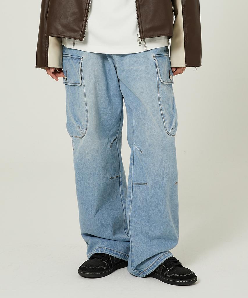 WAIKEI Parachute Cargo Washed Denim Pants Light Blue