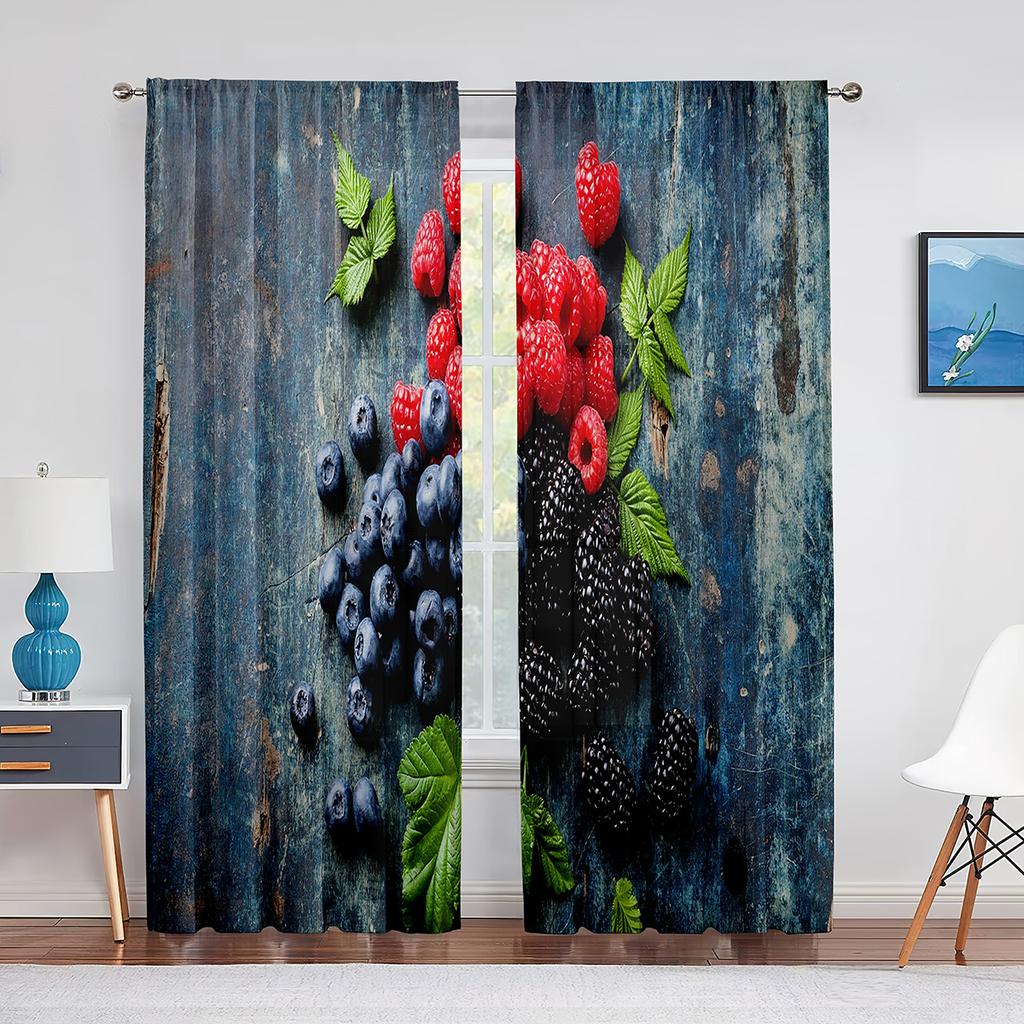 Blueberries Fruit Green Leaf Tulle Curtains for Living Room Bedroom Decoration Chiffon Sheer Voile Kitchen Window Curtain Drapes