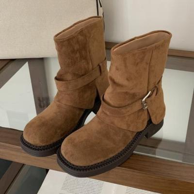 Fashion Fashion Metal Buckle Decoration Design Ankle Boots Women High Quality Retro Faux Suede Boots Comfortable Non-Slip Platform Boots