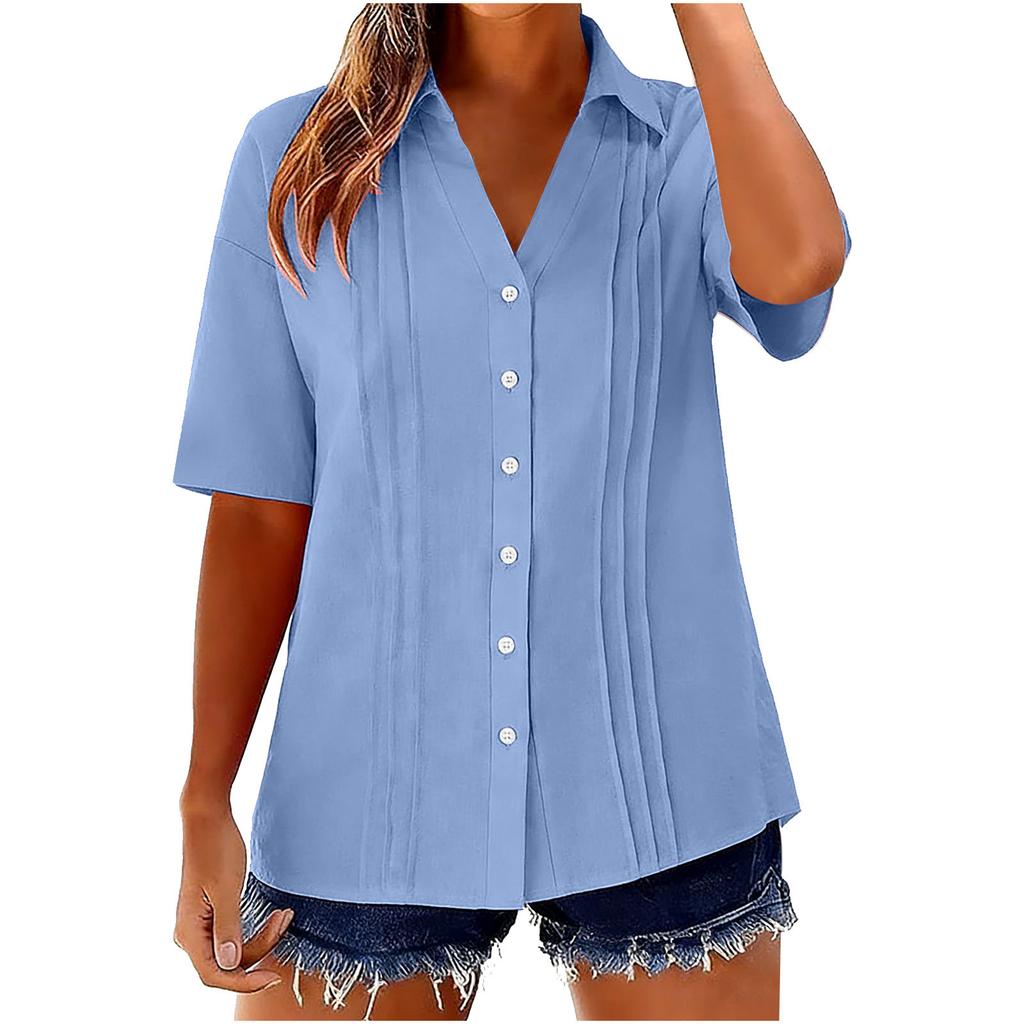 Women's Fashion -Color Cotton-Linen Collared Shirt: Short-Sleeve Button-Down Pleated Top