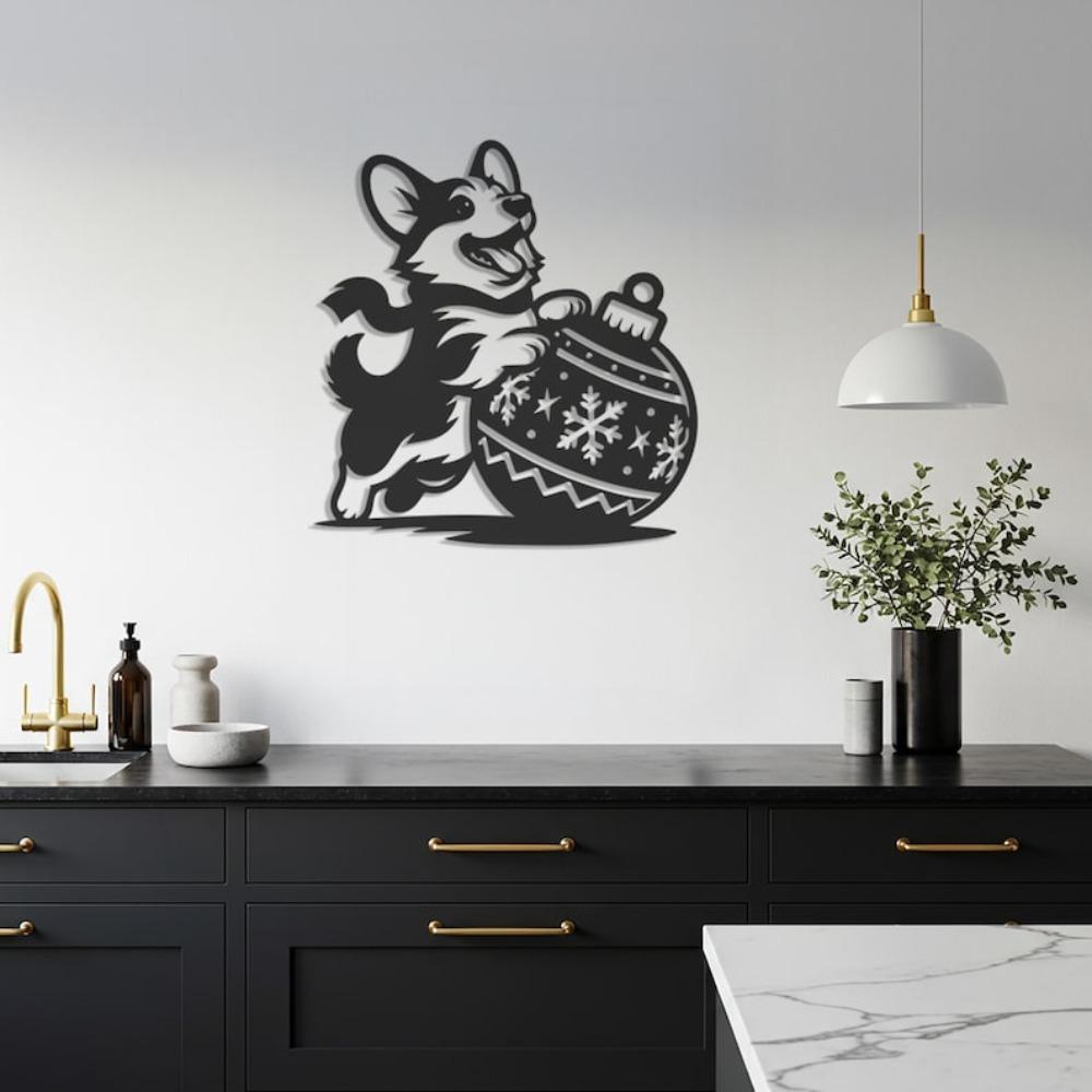 Festive Corgi Metal Wall Art with Ornament Cute Dog Holiday Home Decor Playful Christmas Decoration