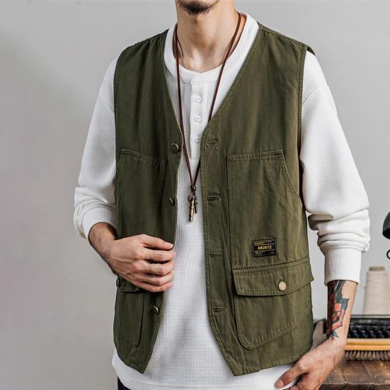Jarní podzimní rybářská vesta Jednobarevné Kapsy Bez rukávů Výstřih do V Korejský styl Volná vesta pro outdoor