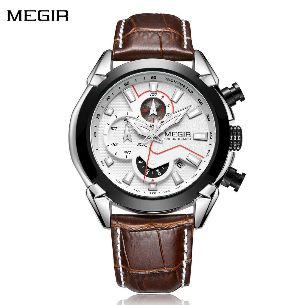 Megir Vojenské sportovní hodinky pánské luxusní kožené vojenské hodinky značky Quartz Hodiny pánské kreativní chronograf