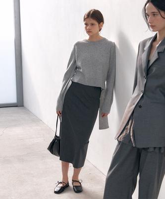 Avamolly [Set-Up] Unbalanced Panel Midi Skirt (D/Grey)