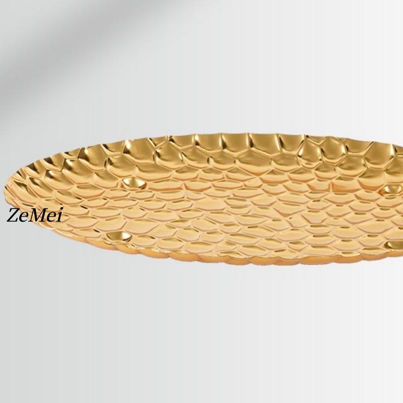 Elliptical Fruit Plate, European-Style Exquisitely Carved Hammer Texture Metal Cake Tray, Home Dessert Snack Plate Decoration