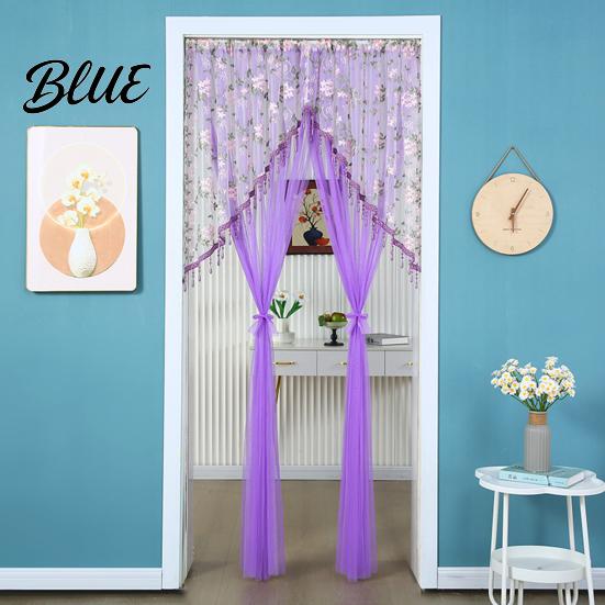 French Retro Style Door Drape Sheer Lace Curtain Embroidered Floral Doorway Curtain with Beads Embroidery Room Divider Rod Pocket for Bedroom Living