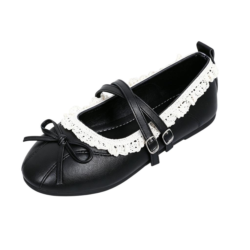 Girls Mary Jane Flats Double Buckle Straps Lace Trim Ballet Shoes Soft Sole Casual Slip On Footwear for Kids