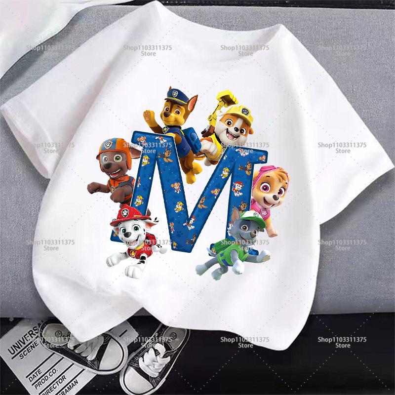 Cute PAW Patrol T-shirt Letter A-Z Boys Girls Clothes Short Sleeve Summer Cartoon Kids Birthday Toddler Cotton Outdoor Wear Gift