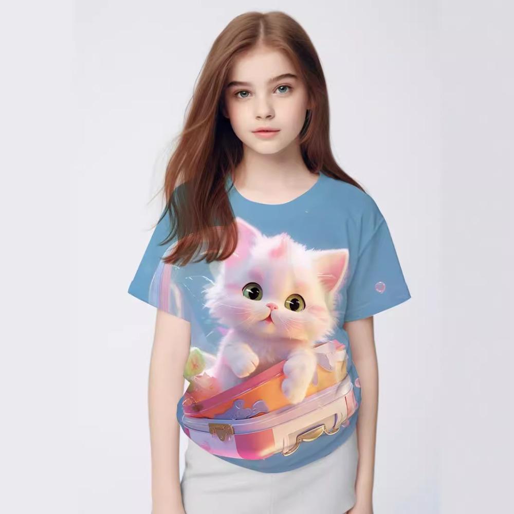Children's Cute Cat 3D Digital Printed Girl Fashion Casual Round Neck Short Sleeved T-shirt