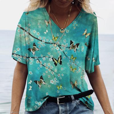 Summer V-neck 3D Flower Butterfly Printed Top Fashionable Casual Short Sleeved Women's T-shirts