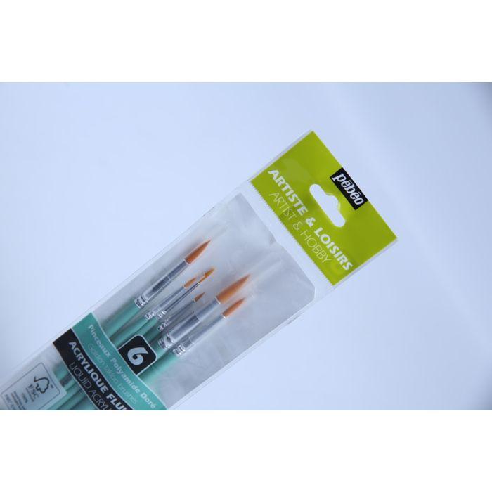 Brushes - PEBEO - Pack of 6 - Gold Polyamide - Stainless Steel Ferrule - Wooden Handle