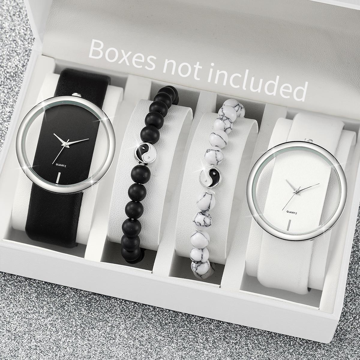 4PCS/Set Women s Fashion Watch Leather Strap Simple Couple Quartz Watch with Black White Bagua Beaded Bracelet