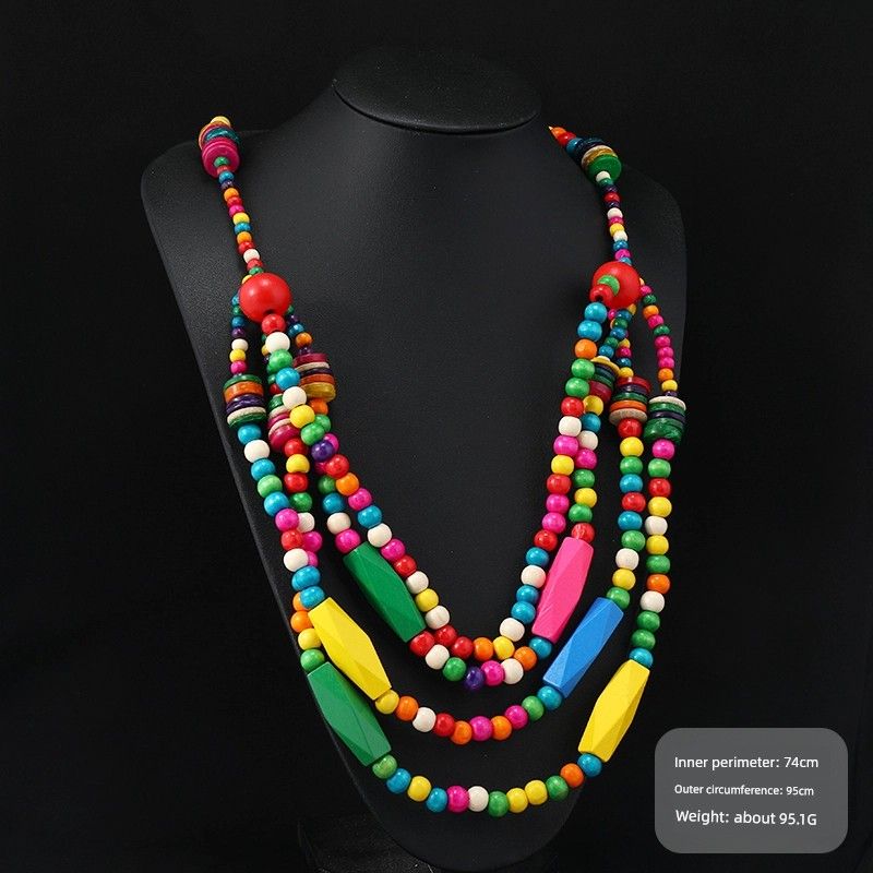 Retro Ethnic Style Wooden Necklace Fashion Style Bohemia Long Stylish Multi-Layer Sweater Chain Performance Accessories Women