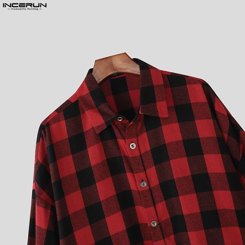 INCERUN S-XXXXXL Men Turn Down Collar Long Sleeve Plaid Loose Casual Shirts