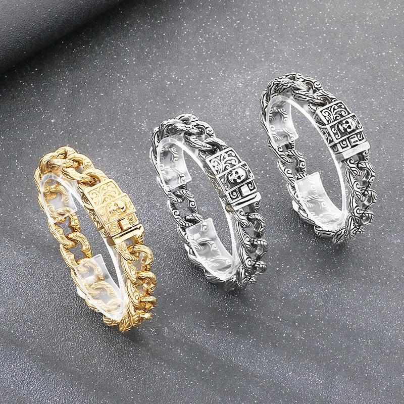 Retro Gold Color Skull Bracelet for Men High Quality Hip Hop Style Party Stainless Steel Jewelry Heavy Cuban Link Accessory
