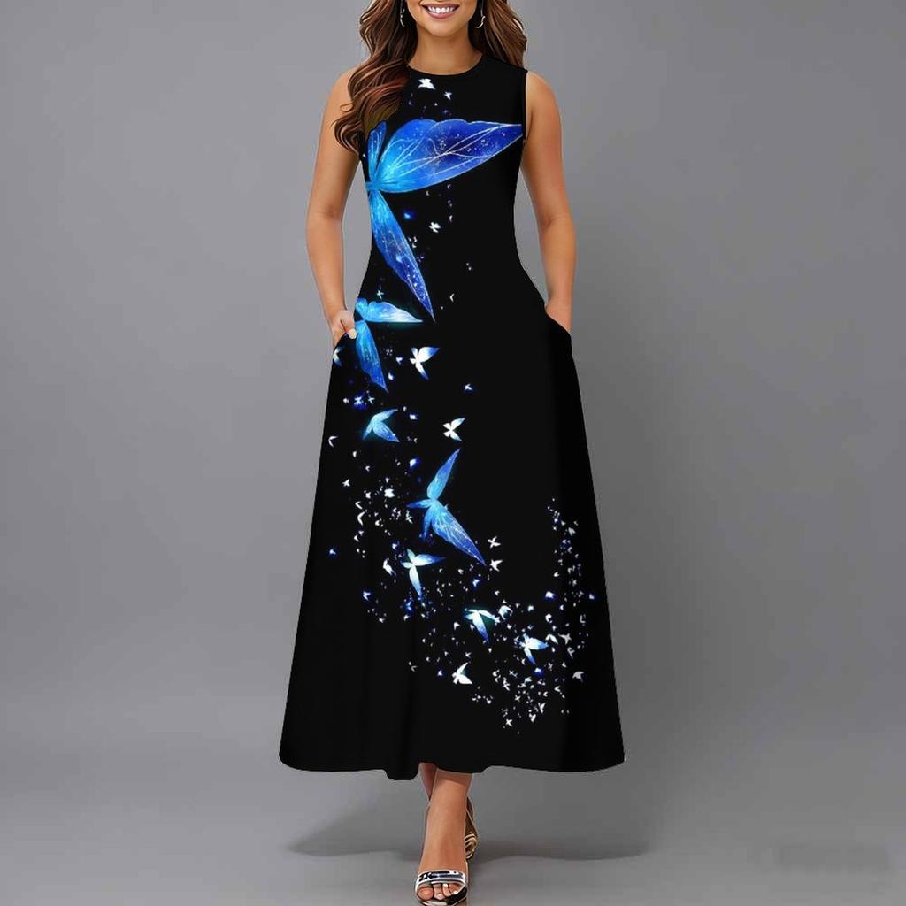 Plus Size Sleeveless Crew Neck Dress Fresh Wild Blossom Print Flowy Knee Length Outfit