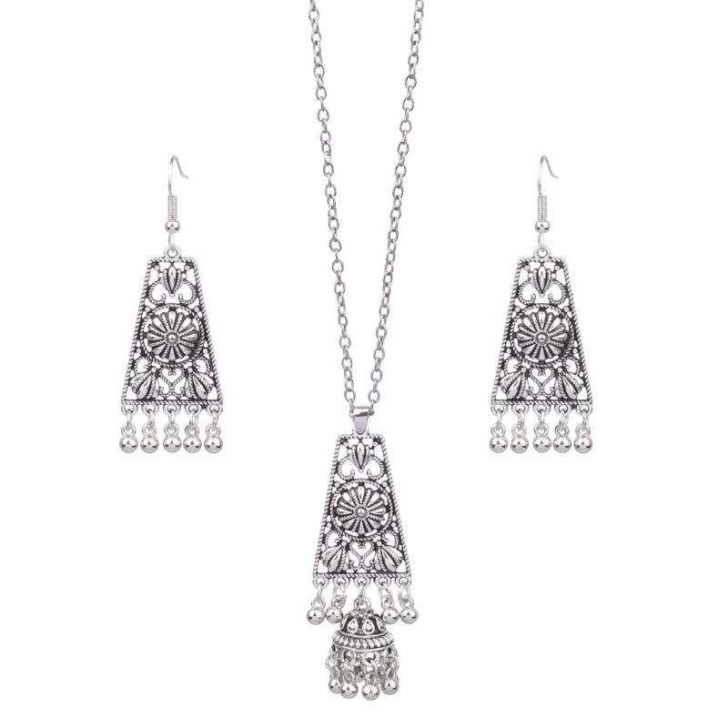 GemChic Women's New Classical Ethnic Alloy Hollow Bell Tassel Pendant Necklace Earrings Two Piece Set Birthday Christmas Jewelry Gift