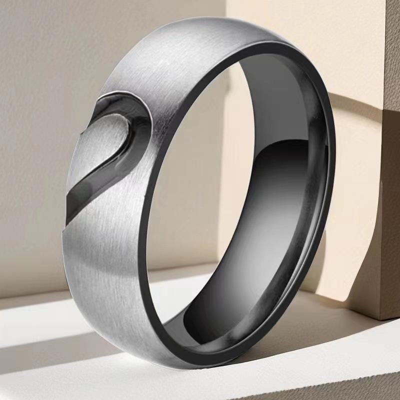 

Black and Silver Stainless Steel Couple Rings with Peach Heart Rhinestone Inlay Size 12