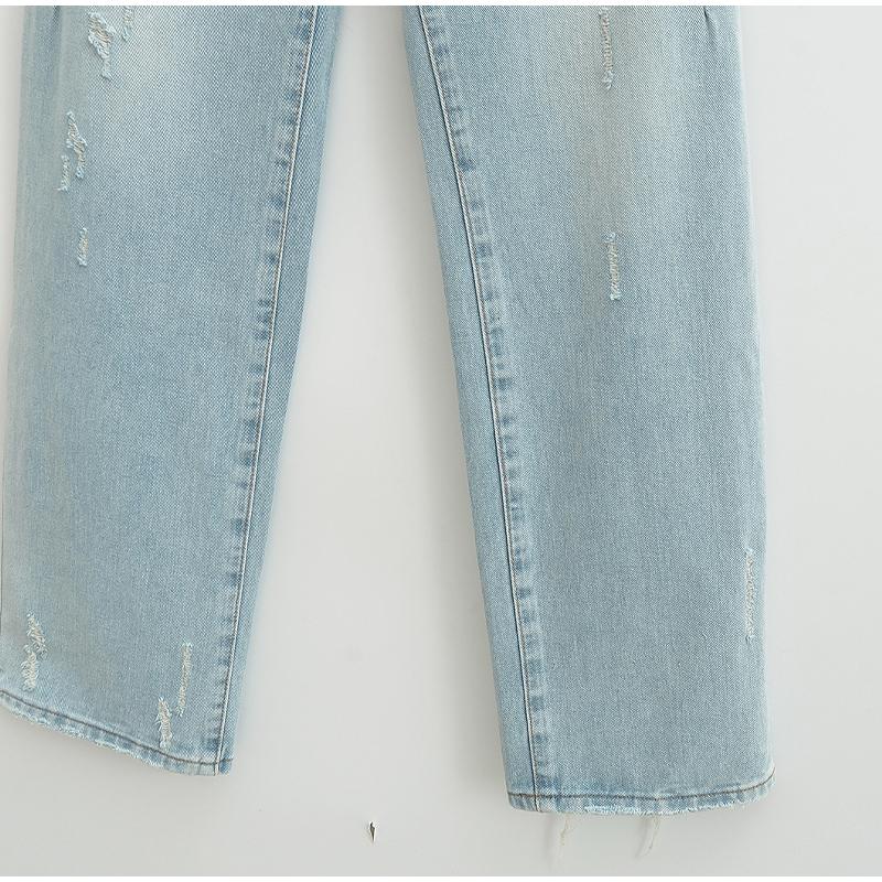 Mode Lässig Damen Voll Längen Locker Sitzende Jeans Gemütlich Mittlere Taille Abgenutzt Baggy Denim Hose Weiter Bein Hinten Aufgerissene Manschette Jean