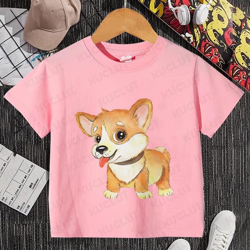 Sommer Kinder Top Corgi Print Kinder Kurzarm T-Shirt Mädchen Geburtstags T-Shirts Jungen Kleidung Lässiges O-Ausschnitt Shirt für Kind