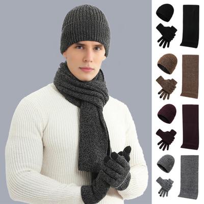 3Pcs/Set Women Winter Hat Scarf Gloves Set Solid Color Knitting Hat Long Scarf Touchscreen Gloves Set Winter Accessories