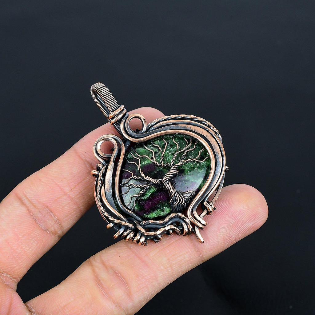 Tree Of Life Ruby in Zoisite Pendant, Handmade Gemstone 999 Copper Wire Wrap Pendant Antique Jewelry, For Gift Copper Jewelry