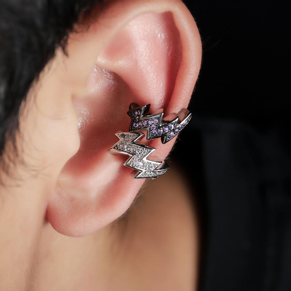 Inlaid With Purple Diamonds, Lightning Ear Clips, Male Tide Irregular Electrocardiogram Earrings, Personality, Inlaid With Zircon Earrings
