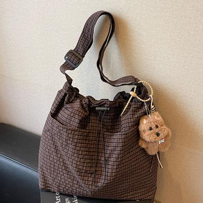 Autumn New Lazy Wind Large-capacity Canvas Bag Pleated Plaid Bag Commuter Shoulder Messenger Bag