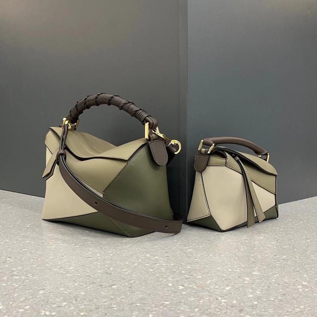 Leather Handmade Beeswax Line Geometric Bag Niche Light Luxury Pillow Bag Trend Splicing Shoulder Messenger Bag Women's Small Square Bag