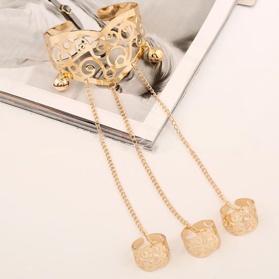Multilayer Tassel Bell Hand Harness Bracelet Hollow Engraved Pattern Adjustable Bangle Finger Chain Jewelry Accessories