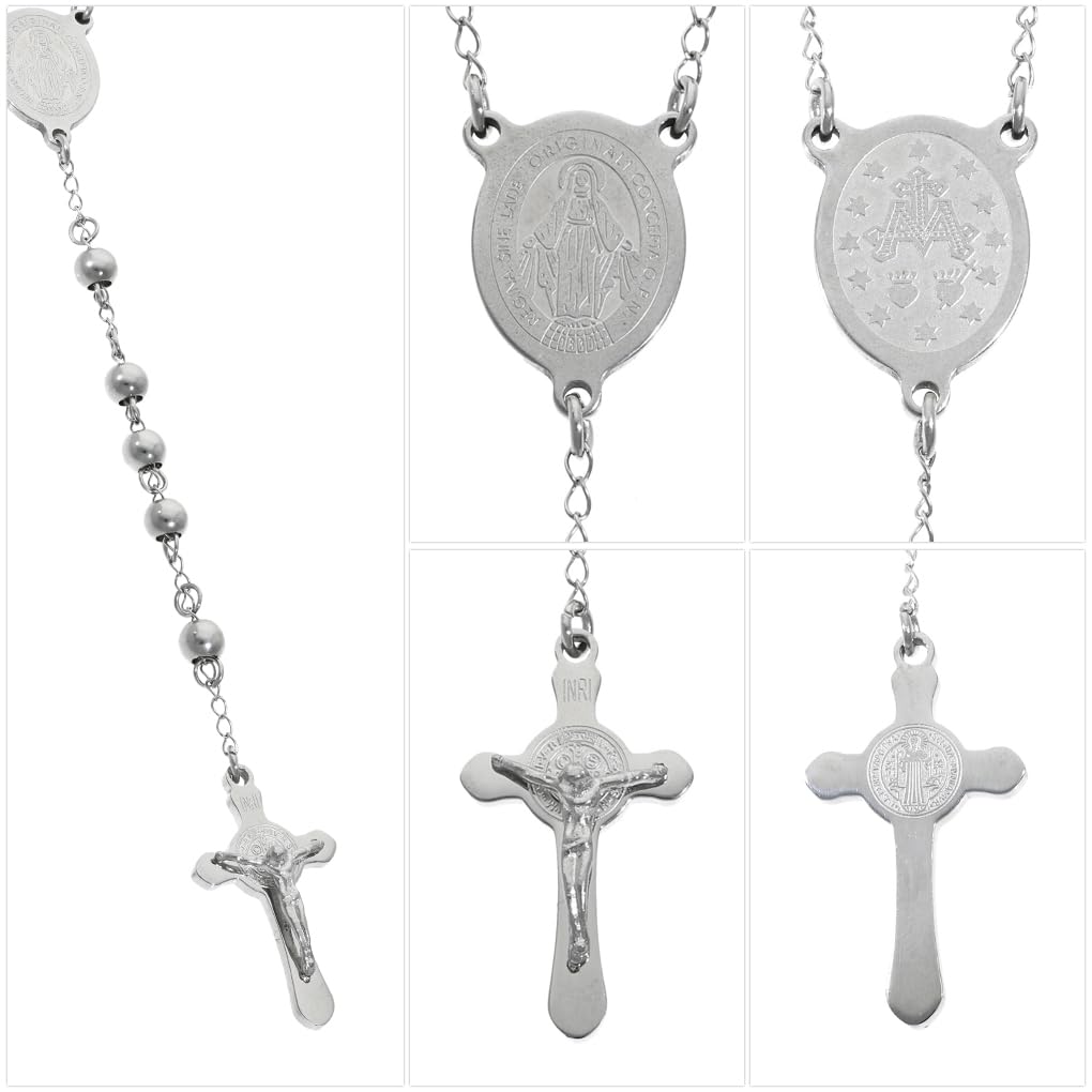 [Shinjuku Gin no Kura] Stainless Steel Rosary Necklace Pendant, Surgical Stainless Steel, Hypoallergenic, Christ, Virgin Mary, Cross