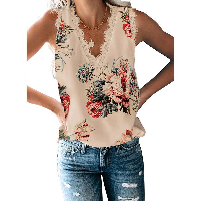 Καλοκαιρινό γυναικείο μπλουζάκι γιλέκο μονόχρωμο με λαιμόκοψη V με δαντέλα αμάνικο στάμπα Γυναικείο φανελάκι με πάτο