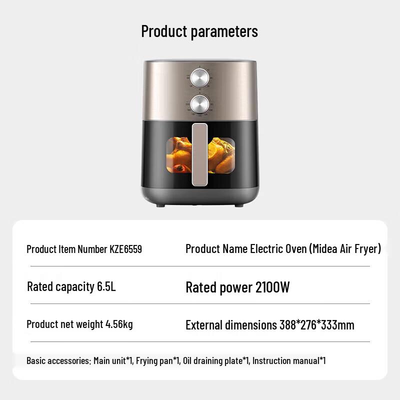 Midea 6.5L Dual-Heating No-Flip Air Fryer with Visual Window CN Plug (adapter Included)