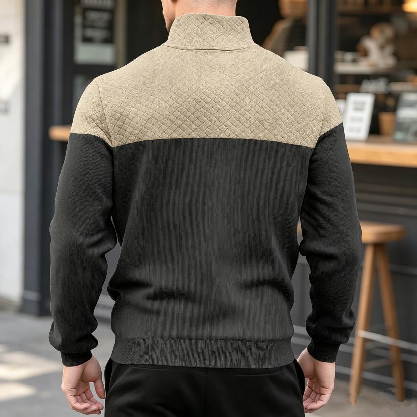 Men Color Block Quarter Zip Sweatshirt Mock Neck Pullover with Kangaroo Pocket Ribbed Cuffs Hem Long Sleeve Spring Fall Casual Streetwear Top
