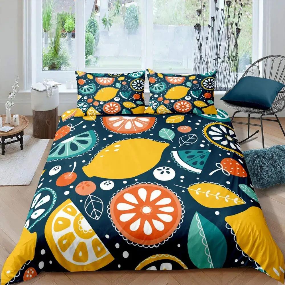 Lemon Duvet Cover Set,Bedding Set 3pcs for Teens Room,Botanical Natural Bright Yellow and Black Quilt Cover with 2 Pillowcases