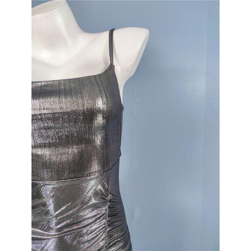 Export Single Sling Graceful and Fashionable High Quality Bright Silk Ruched Split Slimming Sexy Metal Feeling Adult Lady like Woman Dress
