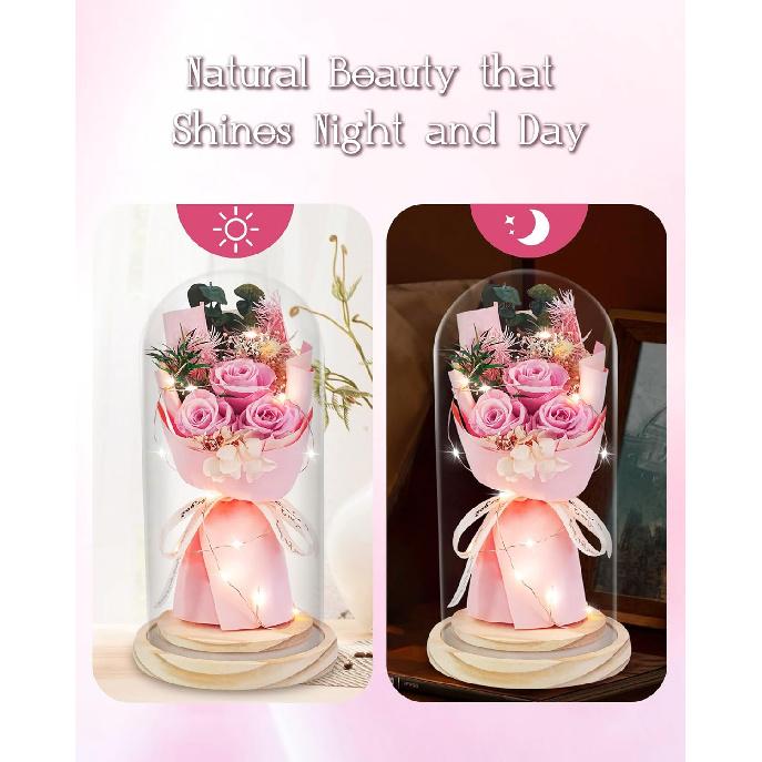 HVY Preserved Flowers Gifts for Her,Preserved Rose Bouquet In Glass Dome,Forever Flowers Fresh Bouquet Present for Women Mothers Day Birthday Gifts