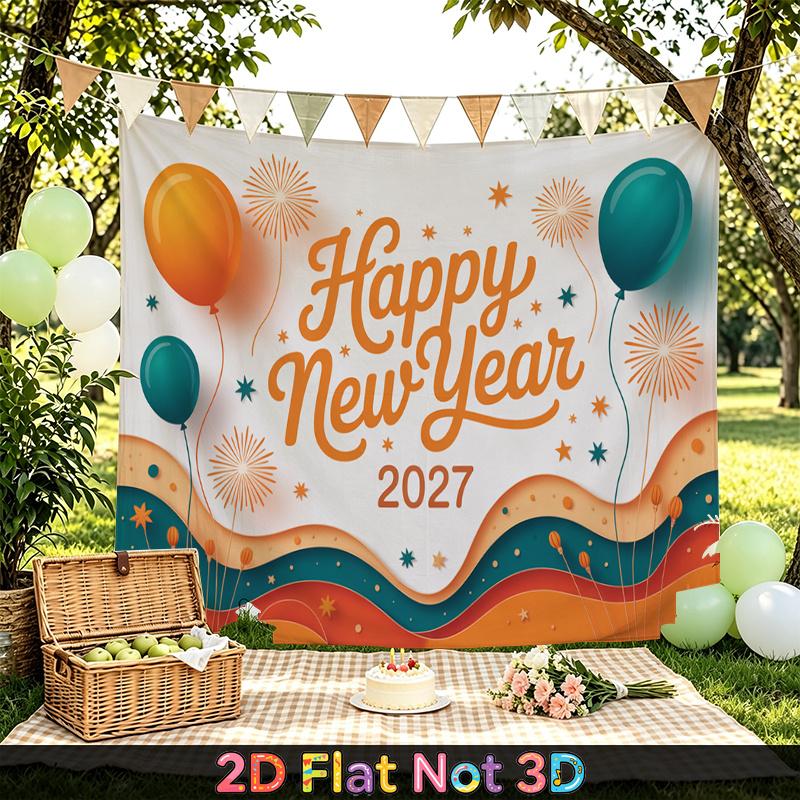 Party Backdrop New Year Fireworks Balloon Orange Flat Festive Teal Multi Layered Celebration Photo Booth Front Door Decor