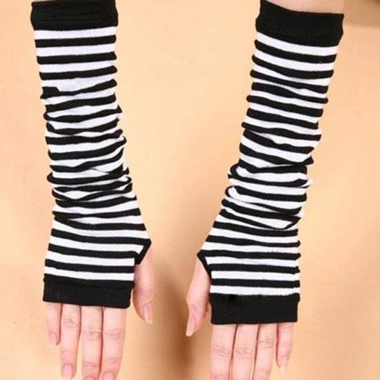 1 Pair Striped Half Finger Arm Covers Women Crochet Knitted Arm Wrist Gloves Hand Warmer