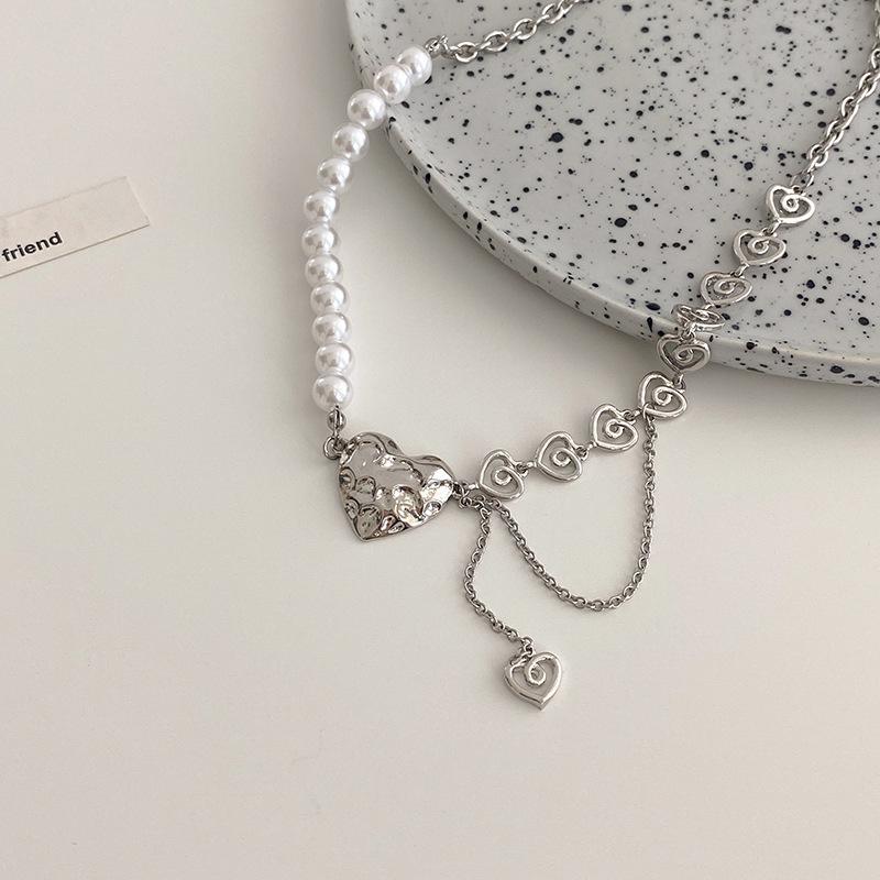 New Niche Design Sense Splicing Pearl Necklace Ins Wind Love Pendant Collarbone Chain New Trendy