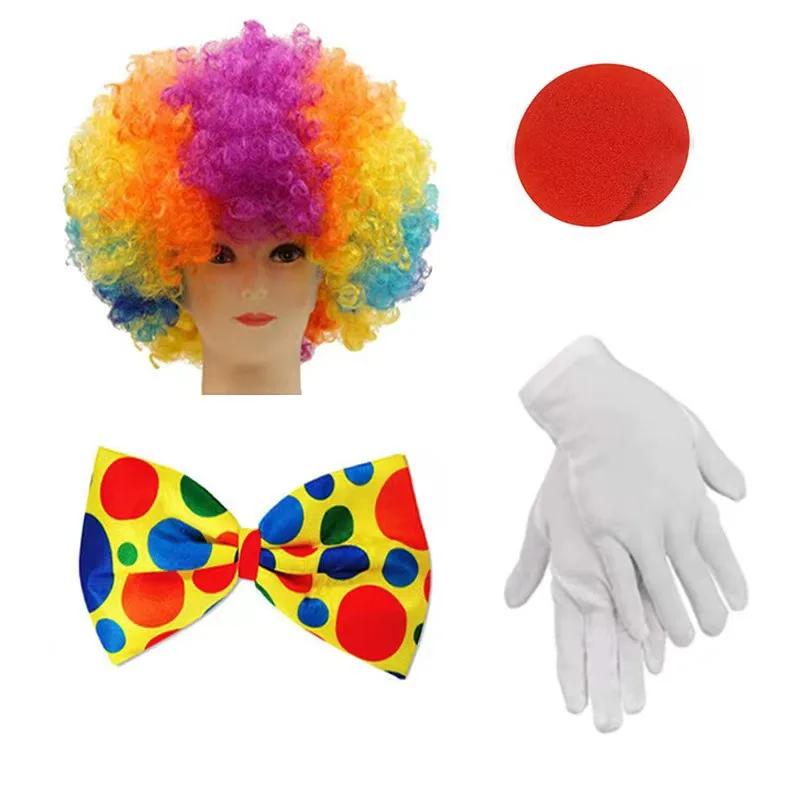 5 pièces/set Costume de Clown d'Halloween pour Adultes Combinaison en Tissu avec Ensemble Perruque Cosplay Fête Carnaval Spectacle de Scène Tenue de Jeu de Rôle