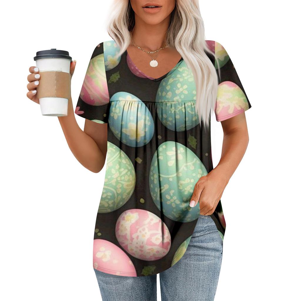 Ladies' Casual V-neck Short Sleeved Shirt With Pleated Easter Print On The Chest