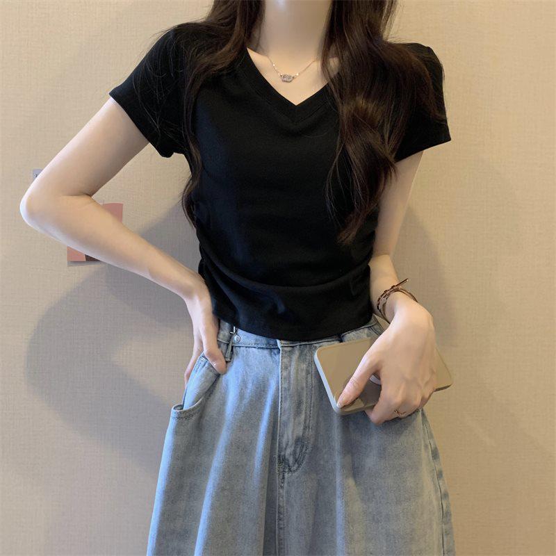 Women's Summer V-Neck Short-Sleeve Slim-Fit High-Waisted Pleated Straight Shoulder T-Shirt with French Design