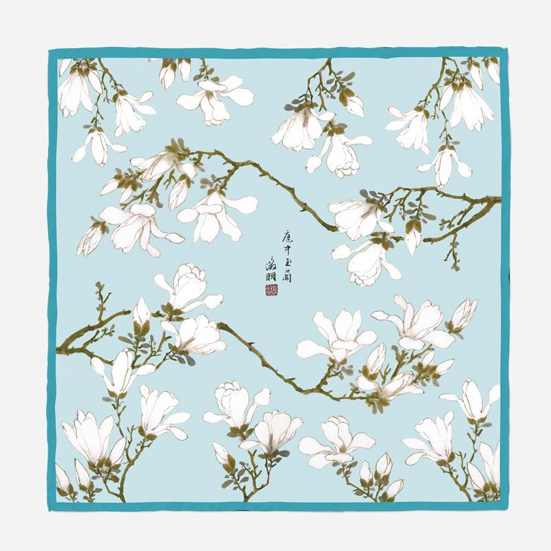 

53cm Twill Silk Scarf Woman Chinese Painting Square Scarves Wraps Bandana Small Hijab Silk Foulards Tie Headband Neckerchief 53x53cm